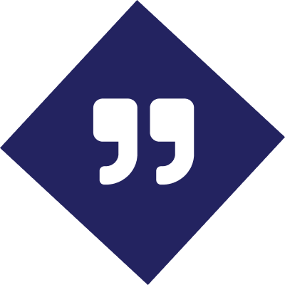 White quotation marks on blue diamond background.