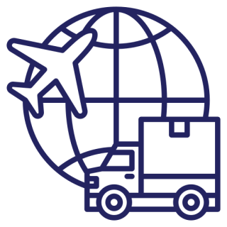 Airplane, truck, globe icons represent global shipping.