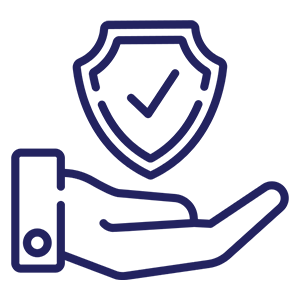 Hand holding shield with checkmark icon.