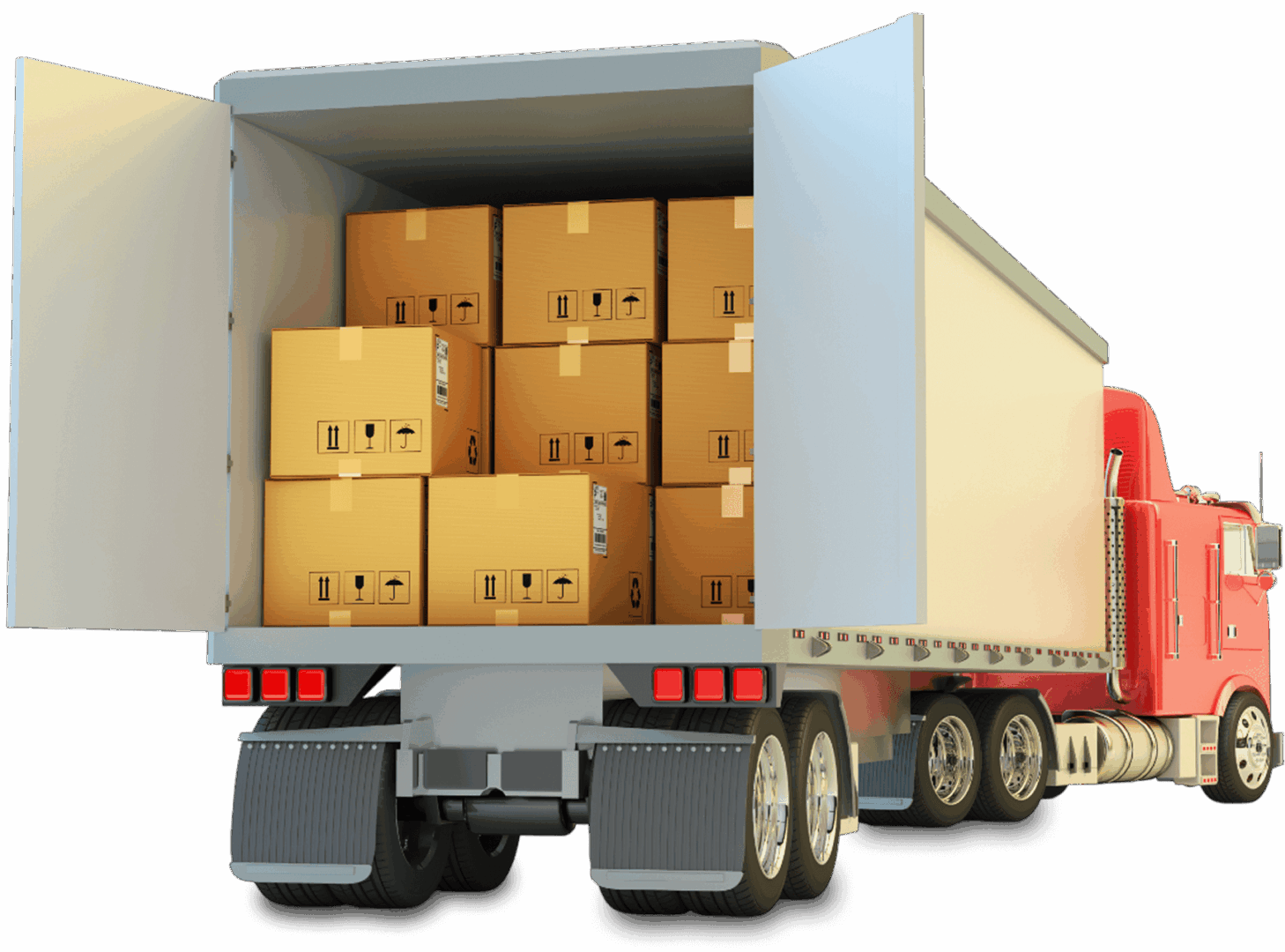 Red truck with open trailer and boxes.